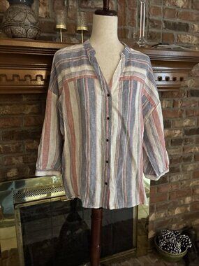 Marc New York Red White & Blue 100% Linen Blouse Size Large 3/4 Sleeves Beachy